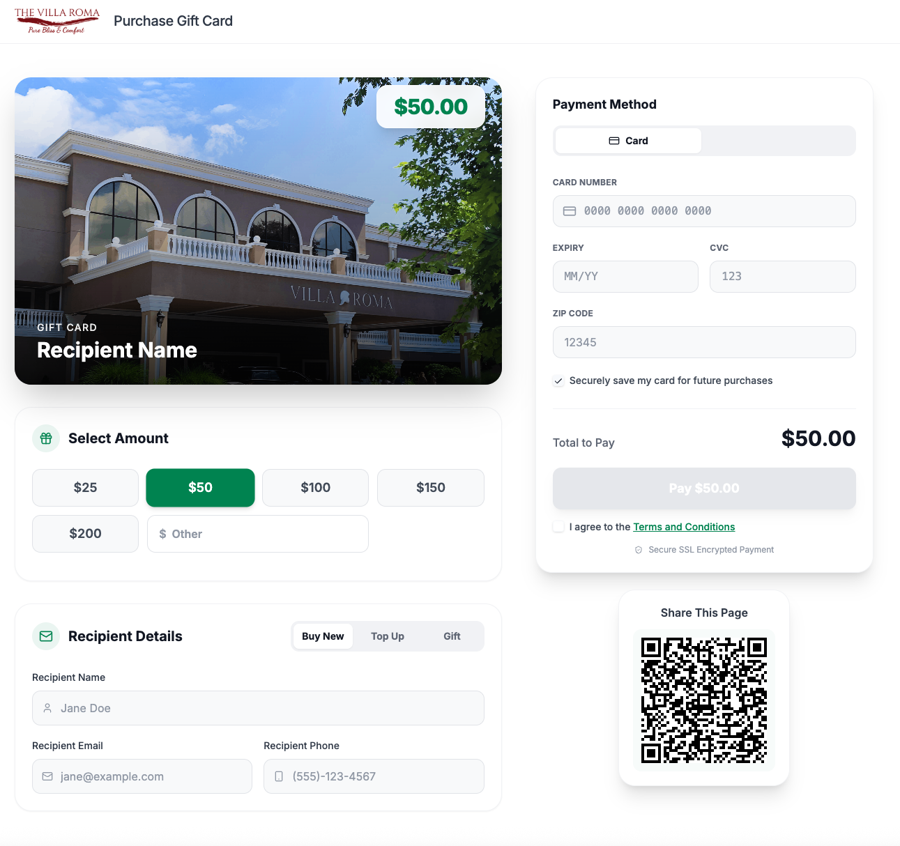 Vitabyte branded e-commerce gift card purchase page with QR code — Villa Roma Resort merchant checkout powered by VitaPay